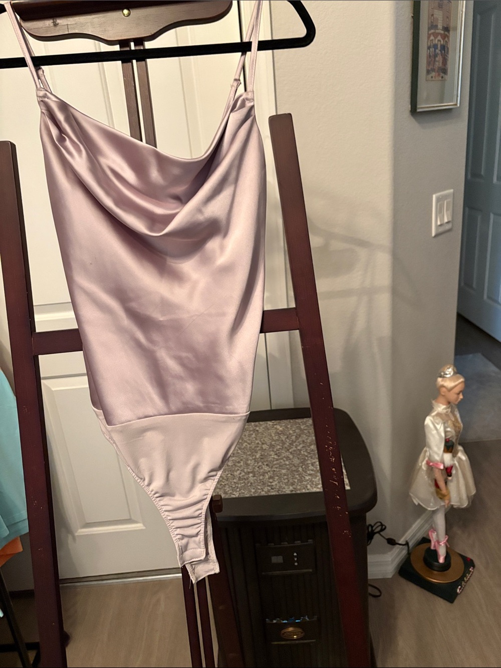 2 Satin Cowl Neck Bodysuit - tan & black